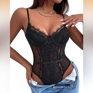 5/$25🌼 Sheer Mesh Sleeveless Floral Lace Spaghetti Strap Cami Bodysuit Top Black